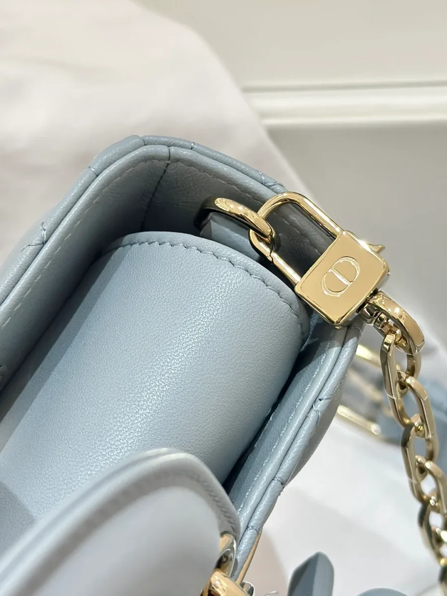 Крупный план золотистого карабина и крепления ремня на сумке Dior