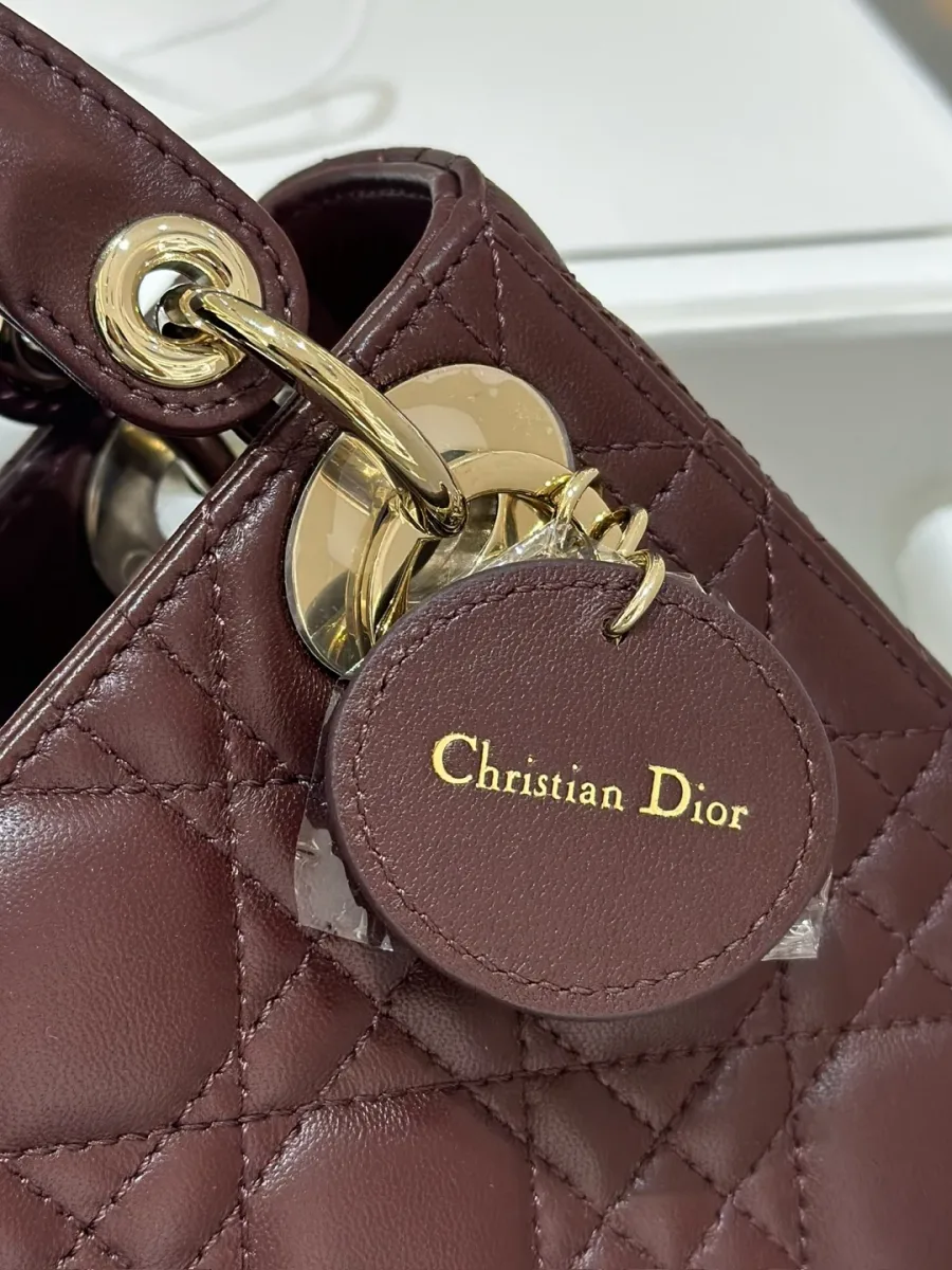 Крупный план круглого кожаного ярлыка с золотистым тиснением Christian Dior