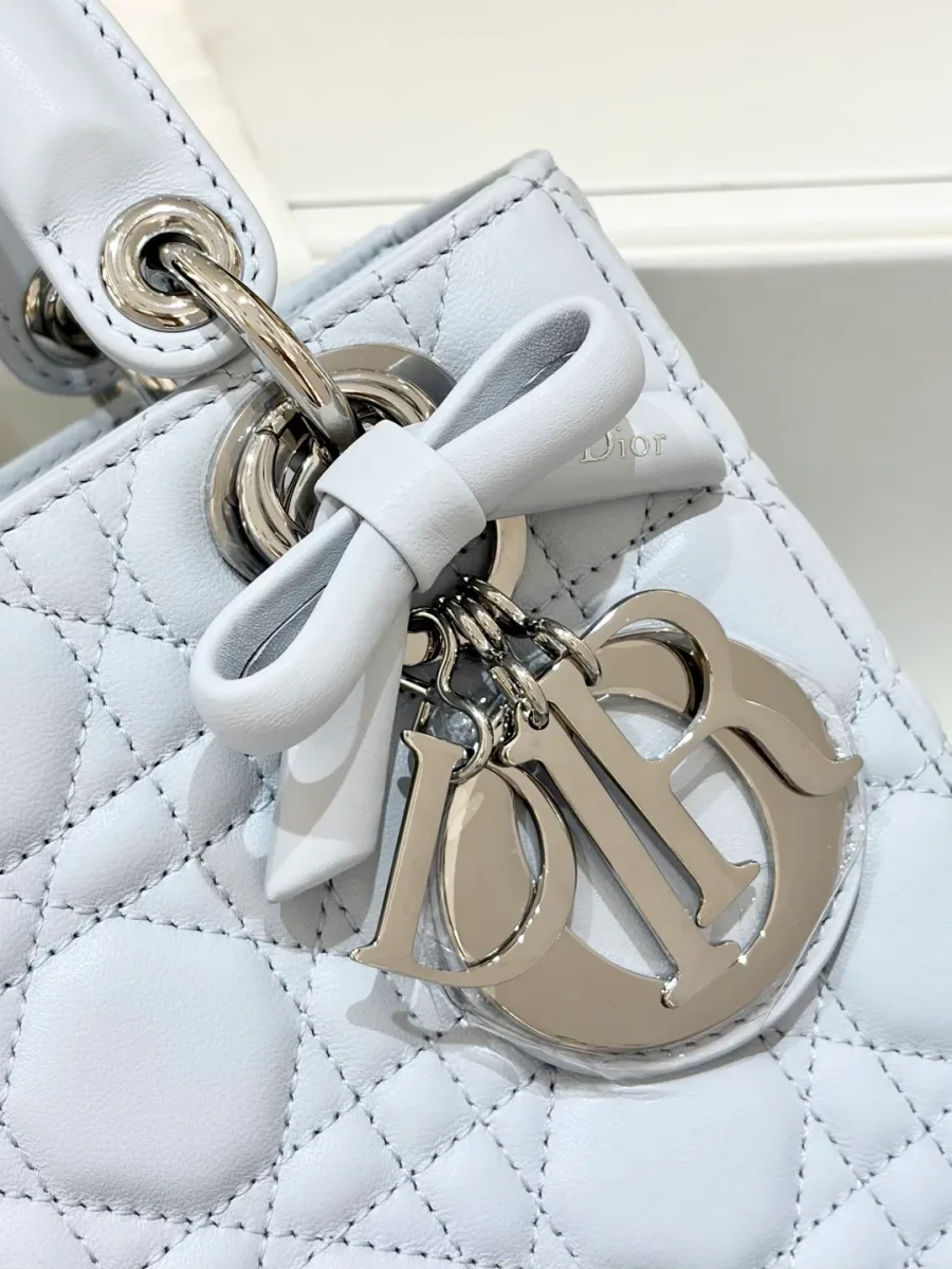 Крупный план металлических подвесок DIOR и кожаного банта