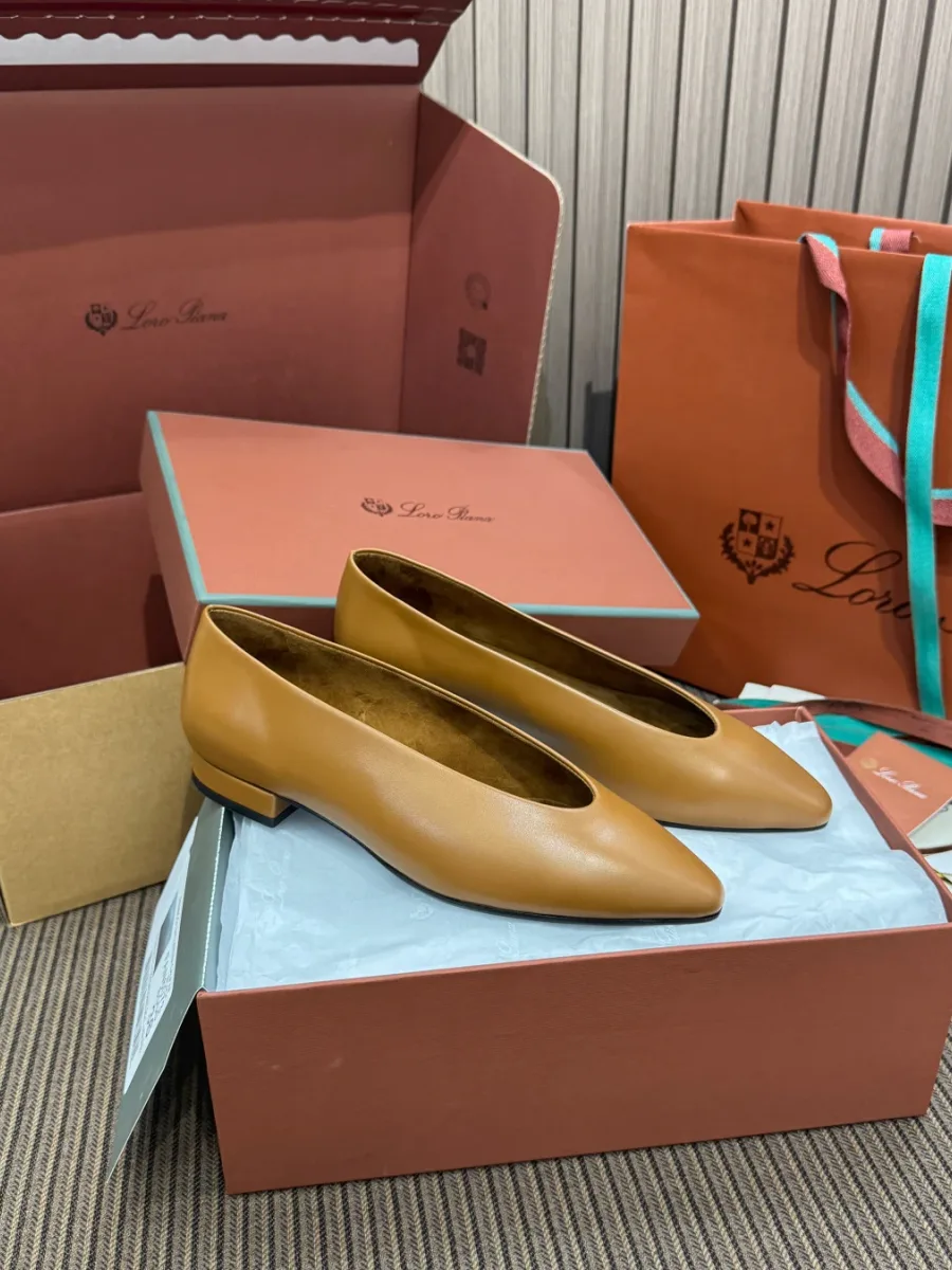 Коричневые кожаные балетки Loro Piana Rebecca на обувной коробке, ракурс три четверти сбоку