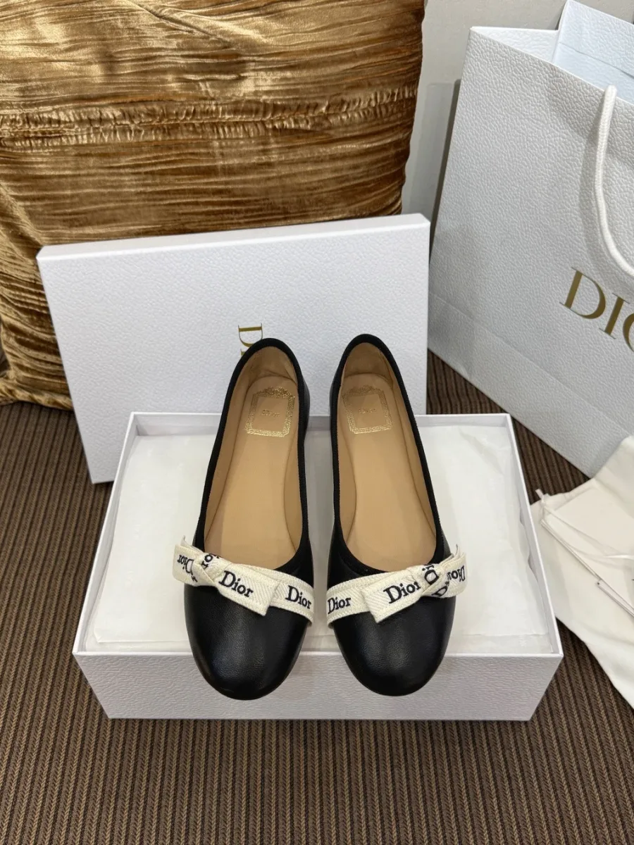 Чёрные кожаные балетки с вышитой лентой Dior в коробке, вид спереди