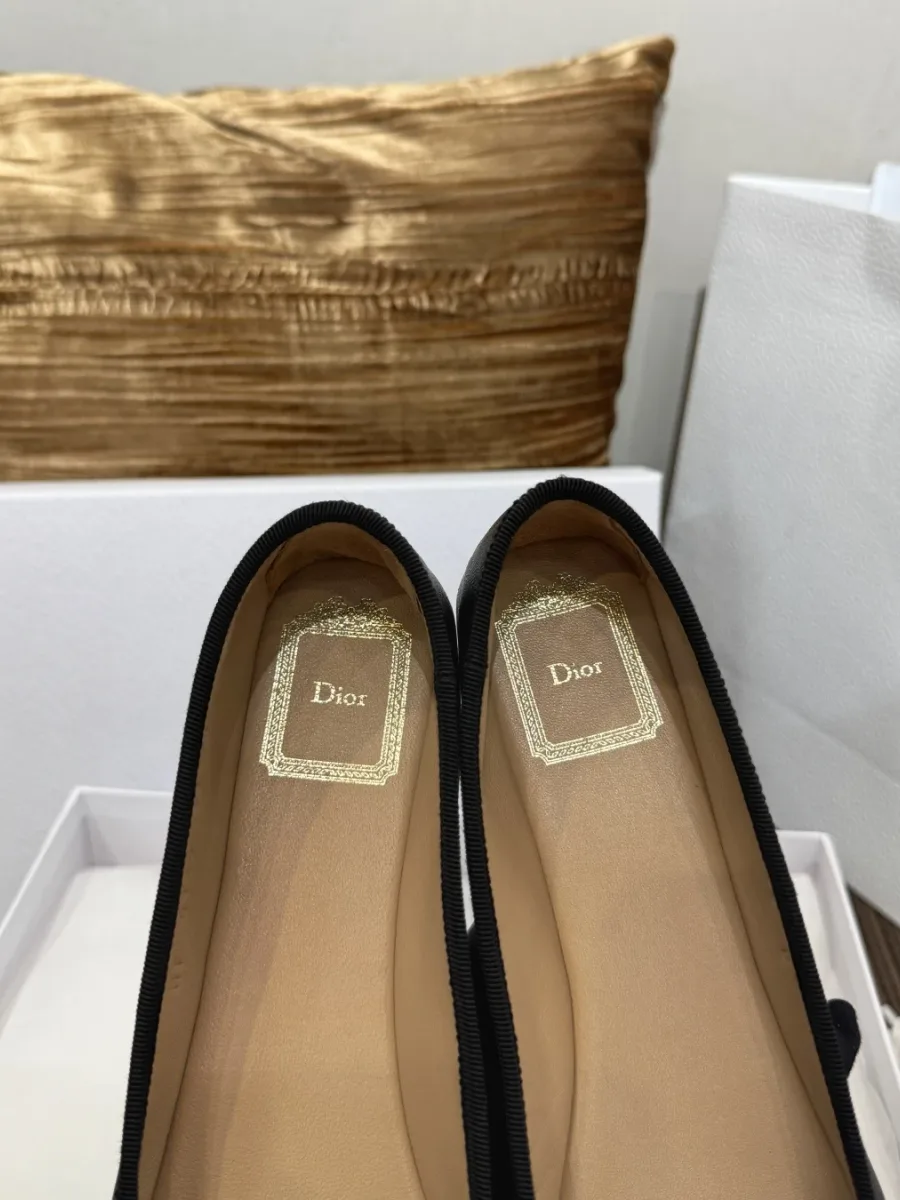 Крупный план кожаных стелек с золотистым логотипом Dior