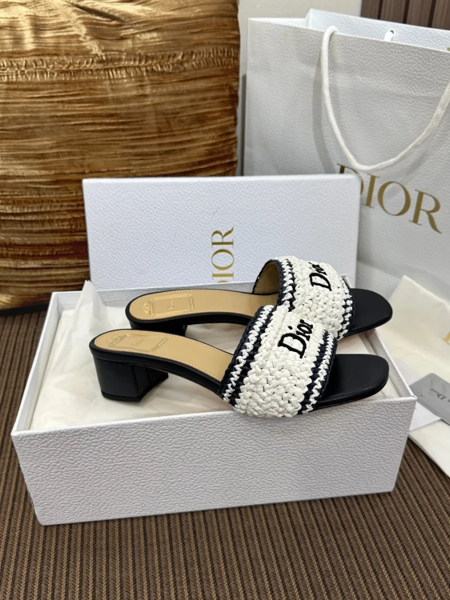 Шлёпанцы Dior Woven на устойчивом каблуке в коробке, вид сбоку
