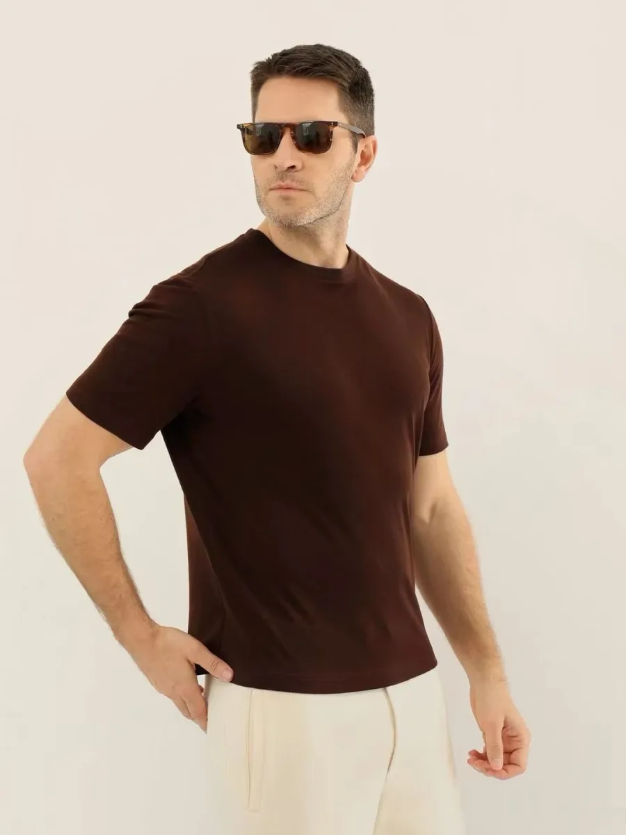 Футболка Loro Piana на мужчине, вид сзади, тёмно-коричневый цвет, короткие рукава и гладкая спинка.