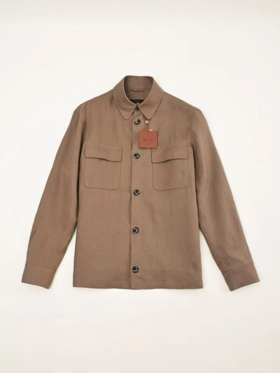 Бежевая льняная куртка Loro Piana спереди с отложным воротником и четырьмя накладными карманами
