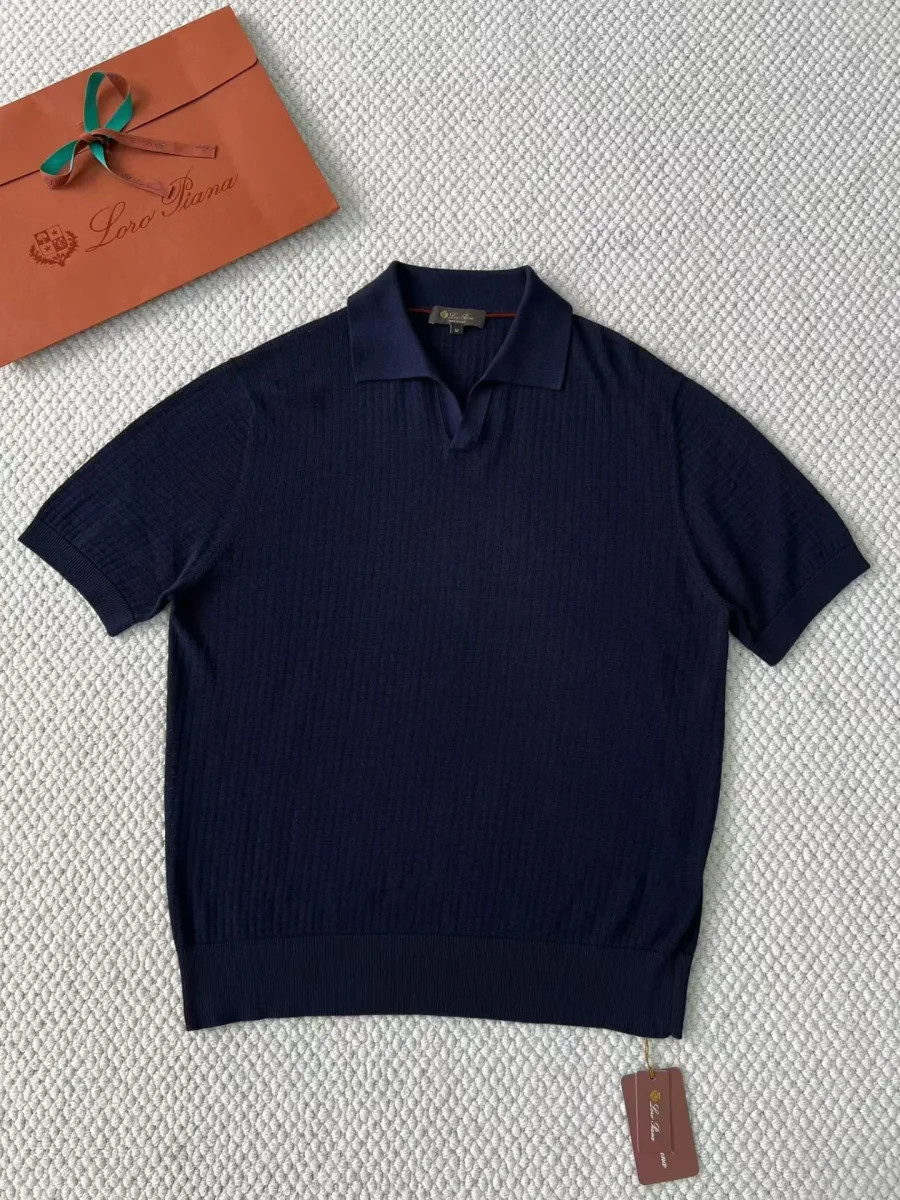 Синее трикотажное поло Loro Piana спереди, с отложным воротником и короткими рукавами