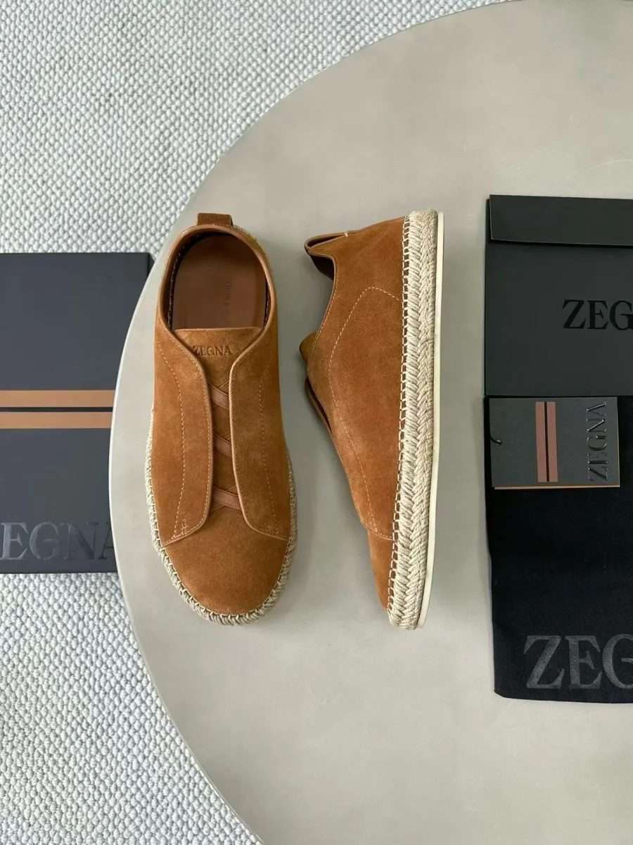 Коричневые эспадрильи Zegna Triple Stitch сверху и сбоку с кожаными вставками