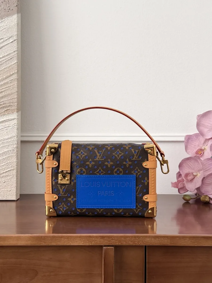 Сумка Louis Vuitton Side Trunk MM коричневого цвета с синим декором, вид спереди с короткой ручкой