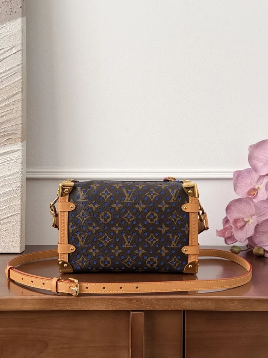 Сумка Louis Vuitton Side Trunk MM коричневого цвета с синим декором, вид сзади с длинным ремнем