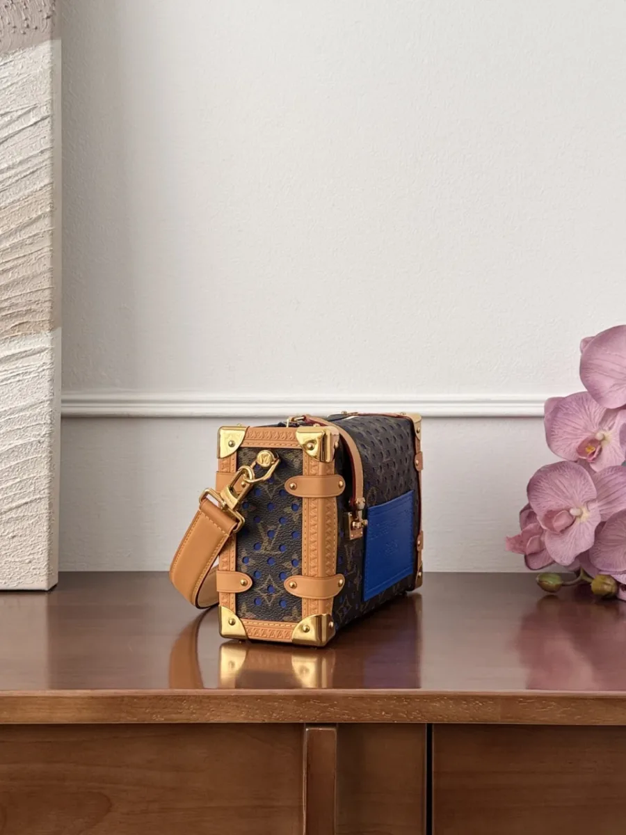 Сумка Louis Vuitton Side Trunk MM коричневого цвета с синим декором, вид сбоку
