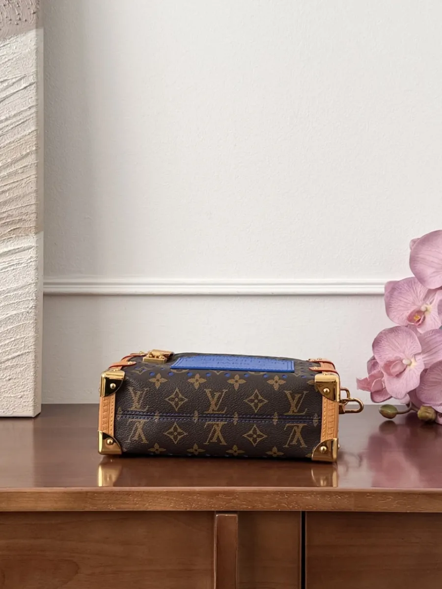 Сумка Louis Vuitton Side Trunk MM коричневого цвета с синим декором, вид снизу