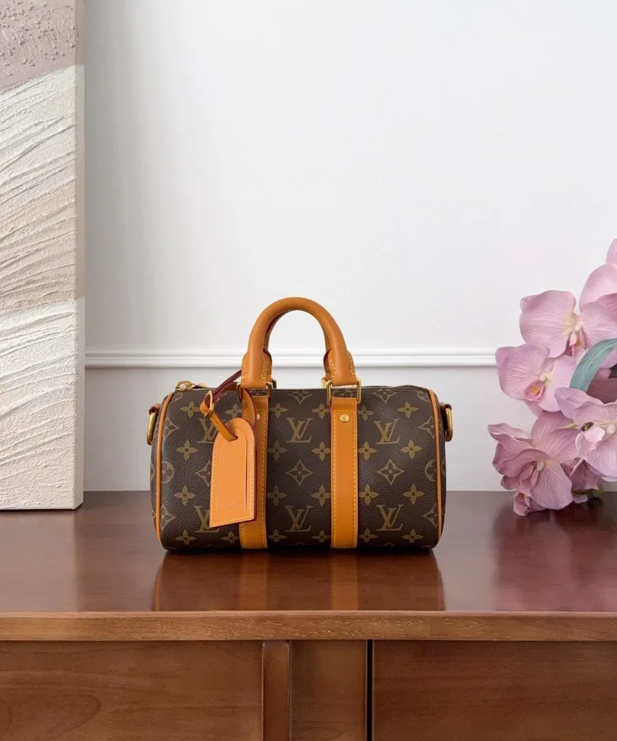 Коричневая сумка Louis Vuitton Keepall 25 из канвы Monogram с кожаной багажной биркой, вид спереди