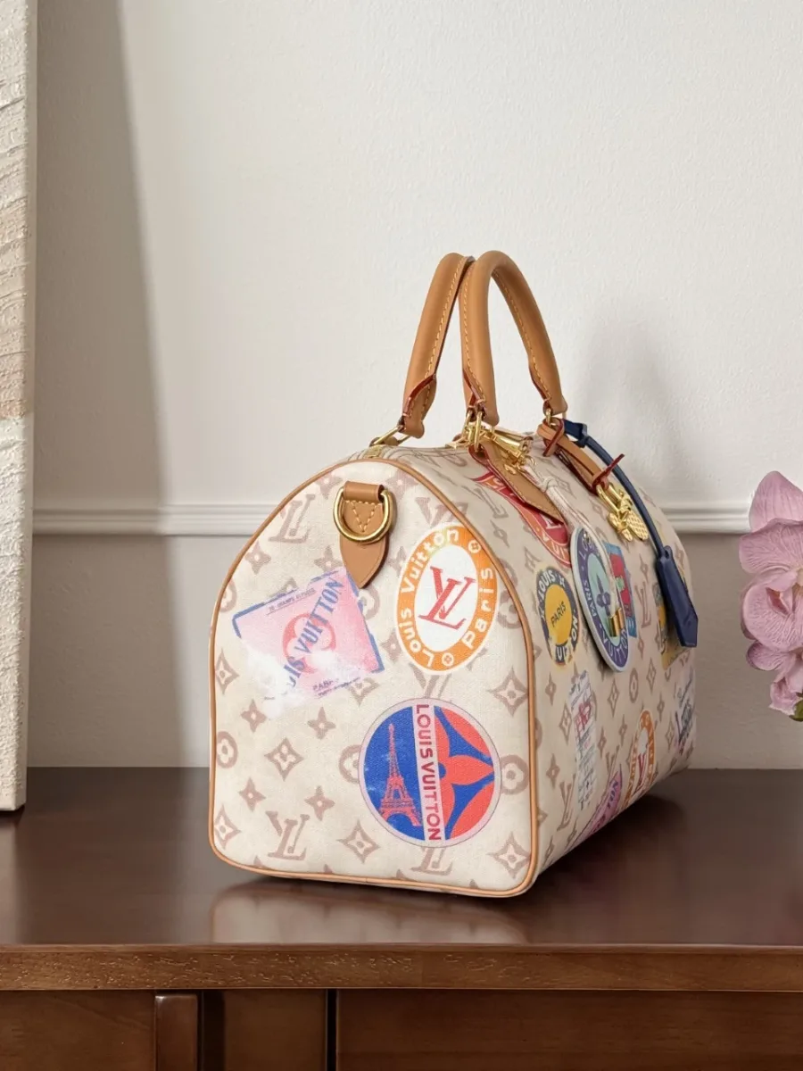Сумка Louis Vuitton Speedy 30 с принтами-марками, вид сбоку