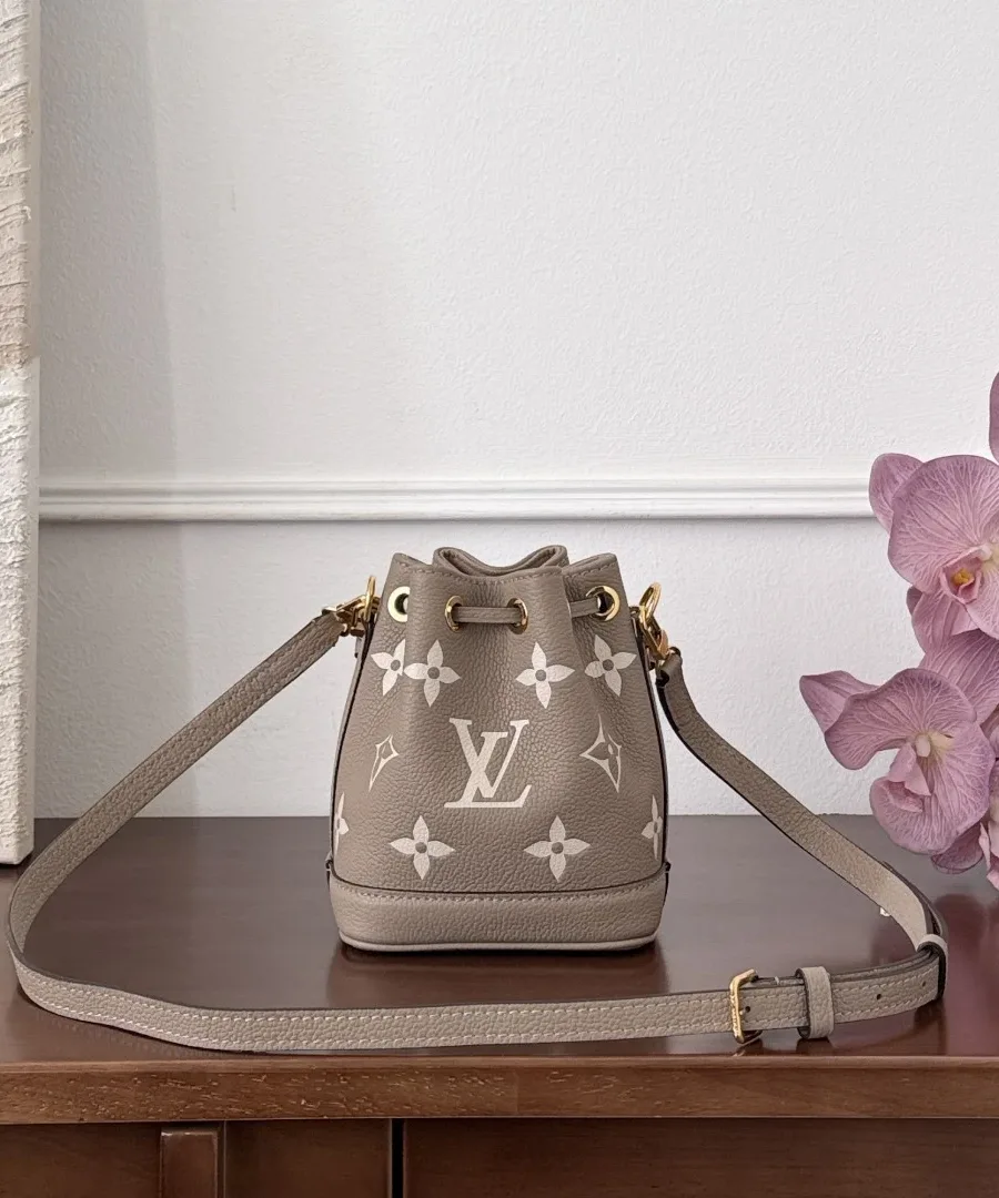 Серо-бежевая сумка-ведро Louis Vuitton Nano Noé с прикрепленным плечевым ремнем