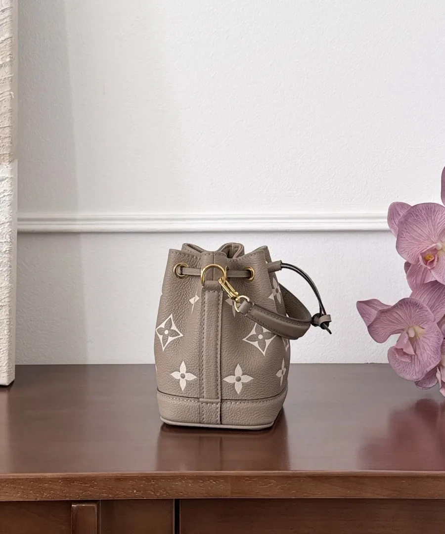 Серо-бежевая сумка-ведро Louis Vuitton Nano Noé, вид сбоку