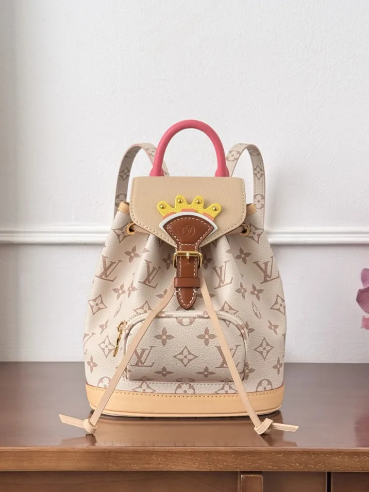 Louis Vuitton Бежевый мини-рюкзак с узором Monogram и розовой ручкой