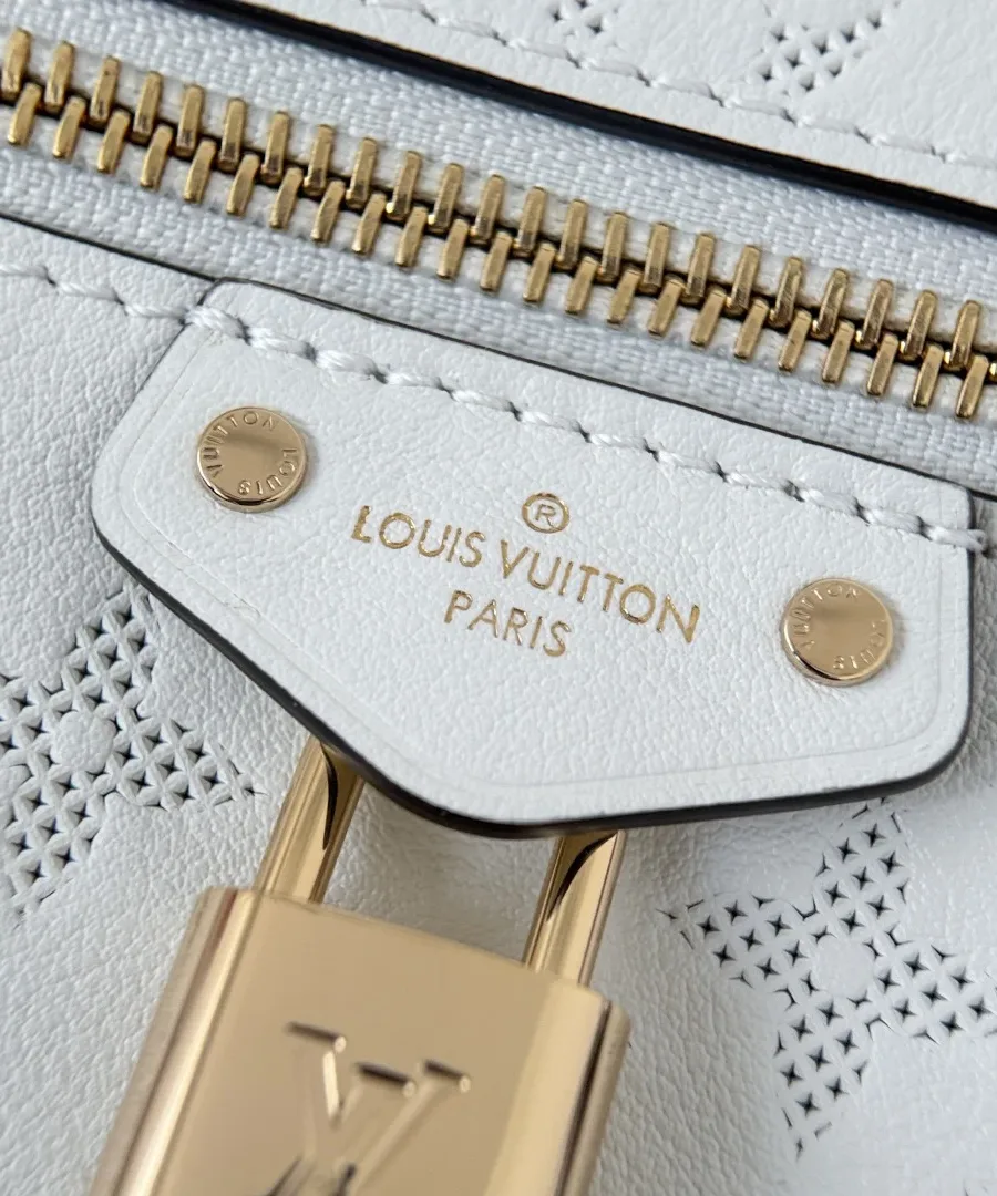 Деталь круговой молнии и золотистого замка с гравировкой Louis Vuitton