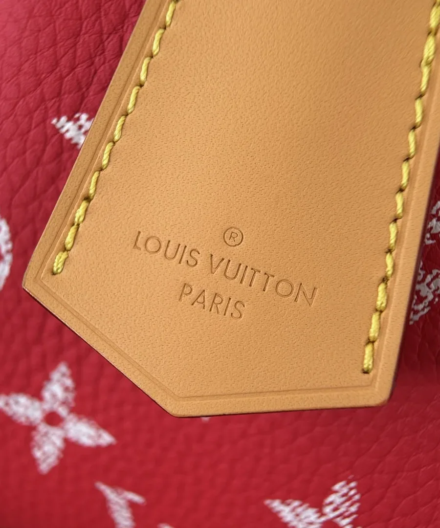 Крупный план кожаного ярлыка с тиснением Louis Vuitton Paris на красной зернистой коже
