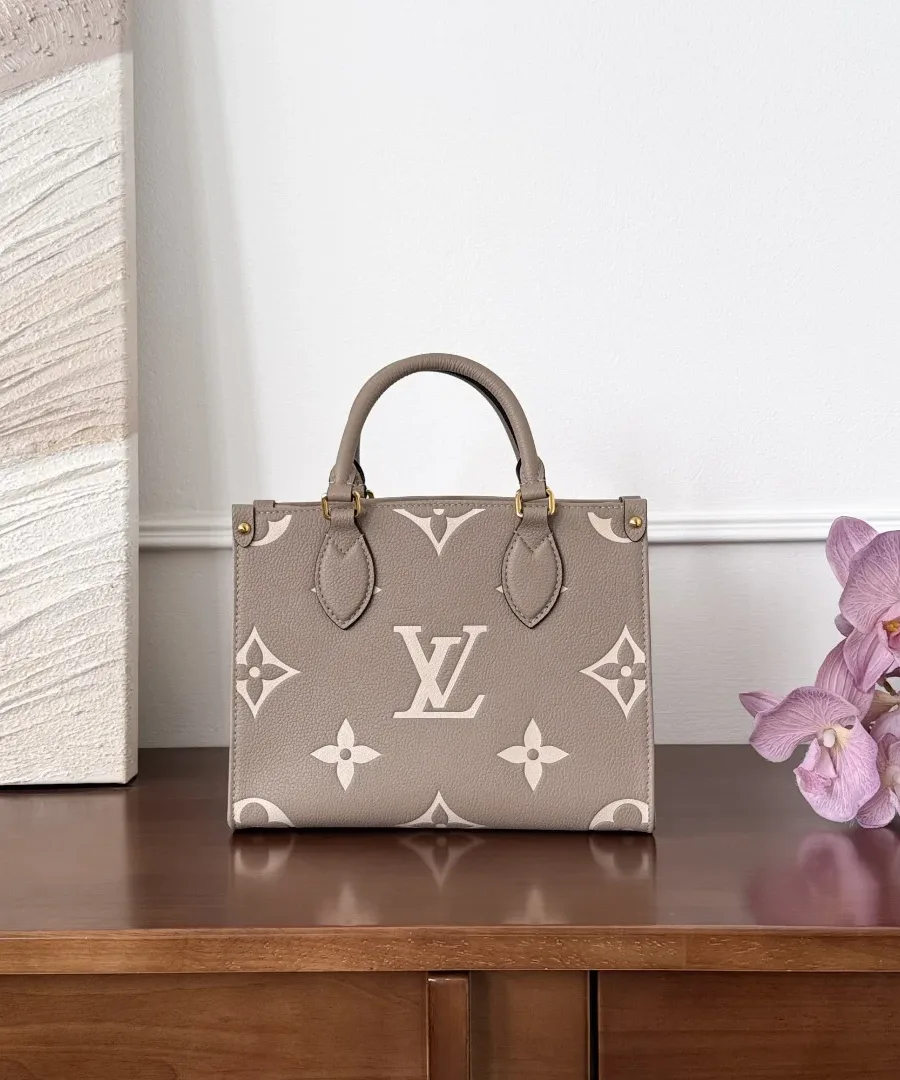 Серо-бежевая сумка-тоут Louis Vuitton OnTheGo PM, вид спереди