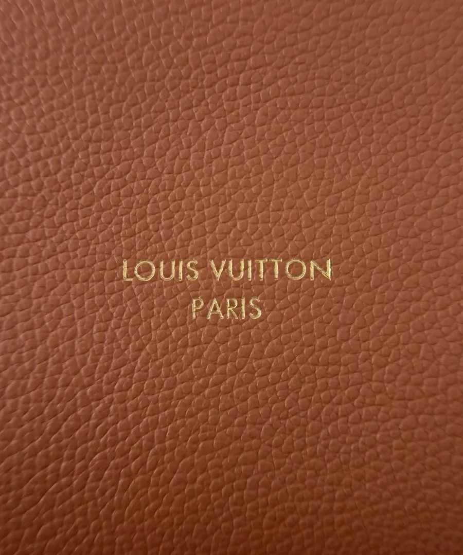 Золотистый логотип Louis Vuitton Paris на коричневой зернистой коже