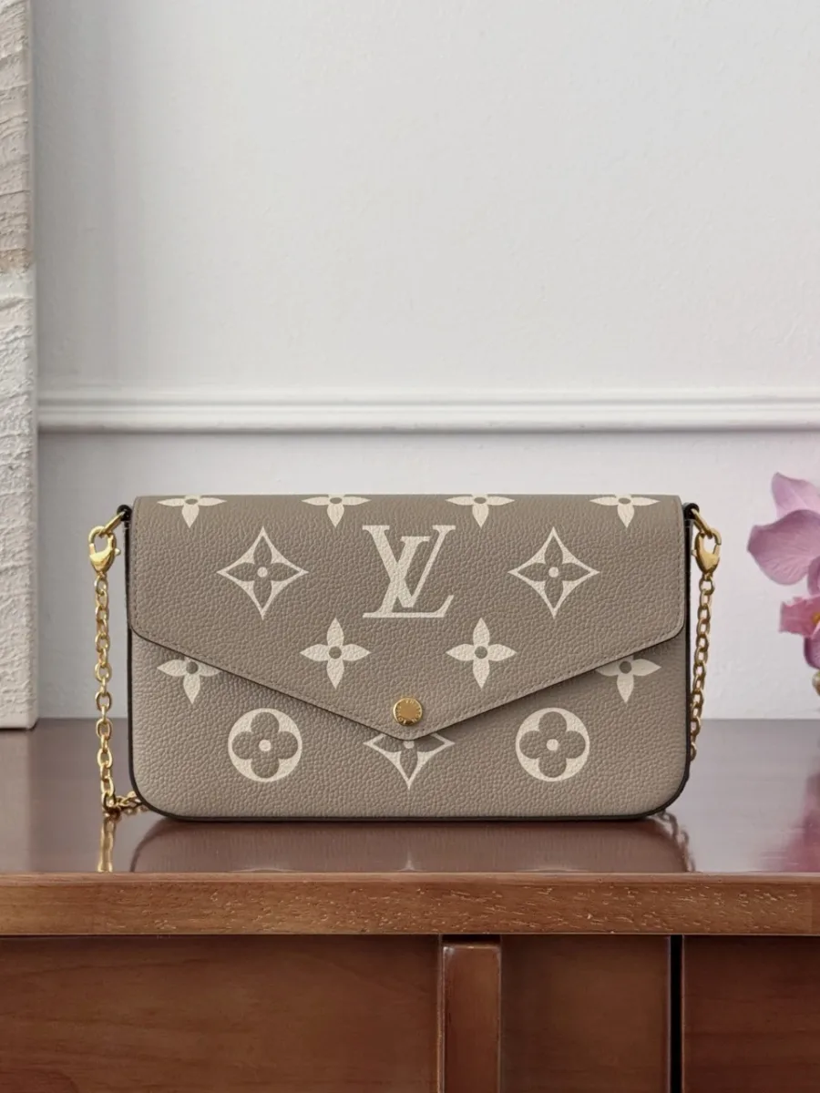 Серая сумка-конверт Louis Vuitton Félicie Pochette на цепочке, вид спереди