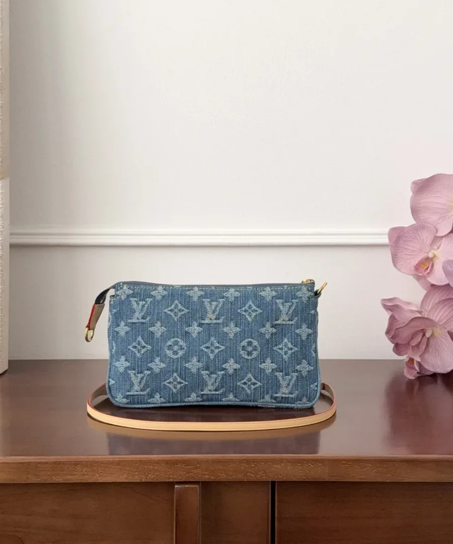 Голубая джинсовая сумка Louis Vuitton с узором Monogram, вид сзади