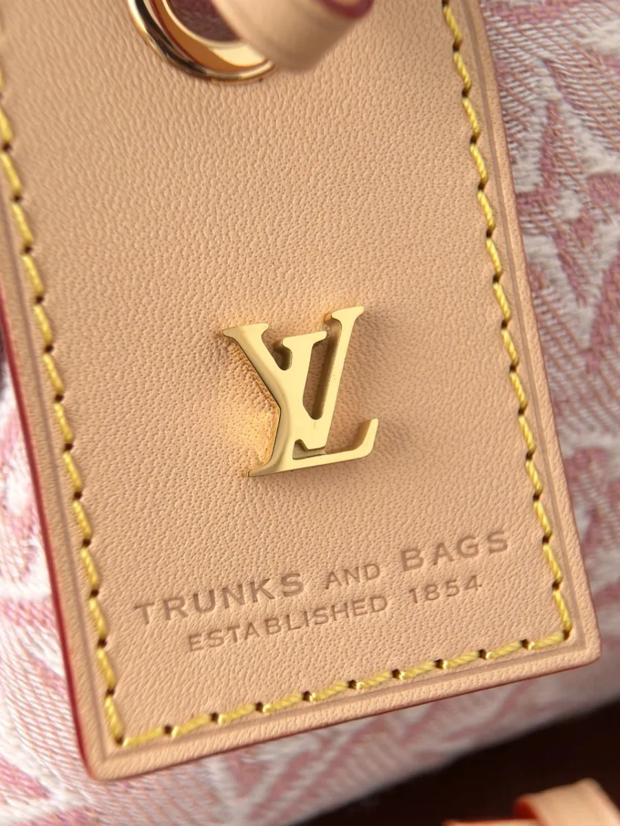 Крупный план кожаного ярлыка с золотистым логотипом LV и тиснением Trunks and Bags