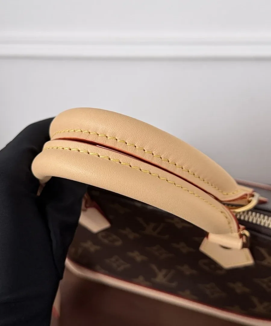 Две округлые кожаные ручки сумки Louis Vuitton Alma BB крупным планом