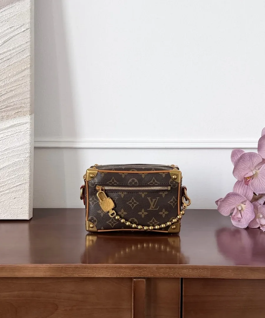 Коричневая сумка Louis Vuitton Soft Trunk на деревянной поверхности, вид спереди