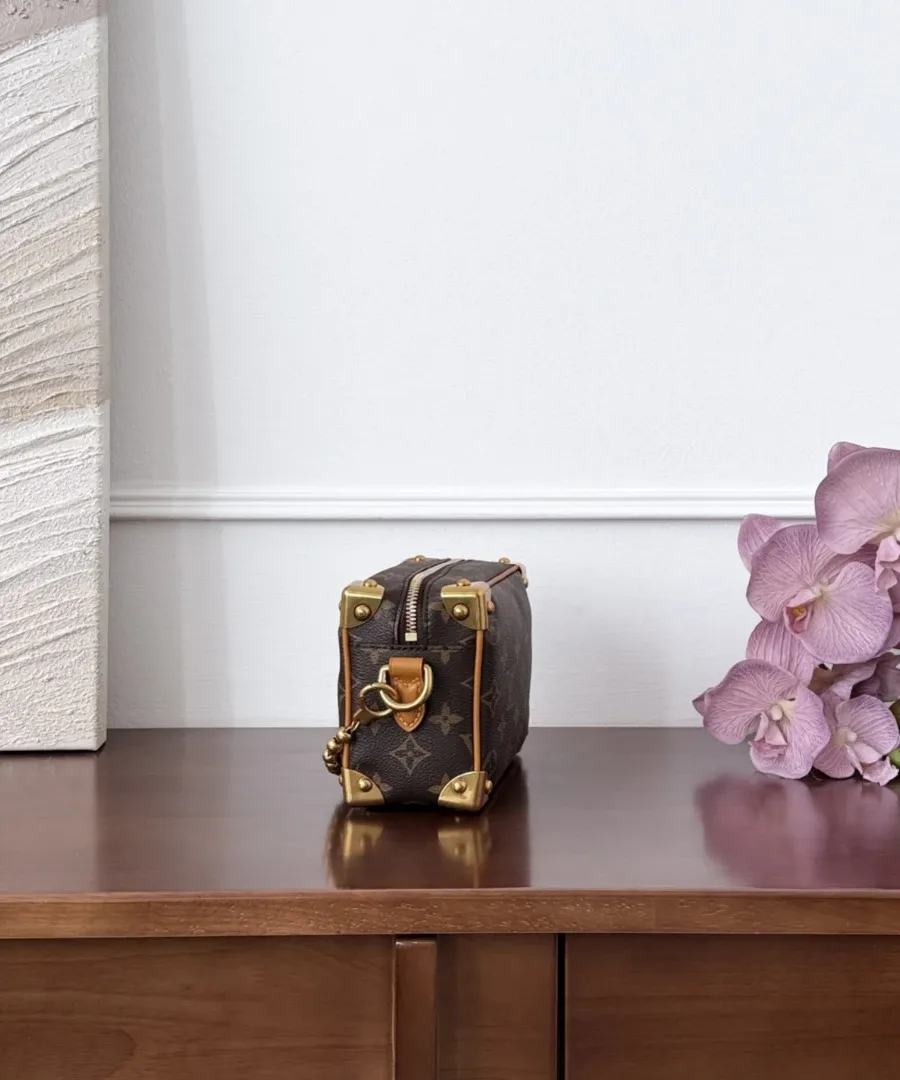 Боковой ракурс сумки Louis Vuitton Soft Trunk, демонстрирующий ширину и золотистые уголки