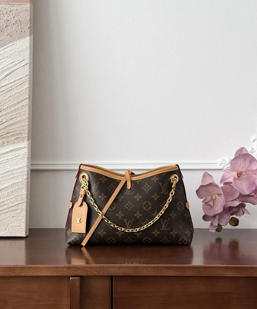 Коричневая сумка Louis Vuitton Carryall BB Monogram, вид спереди на столе
