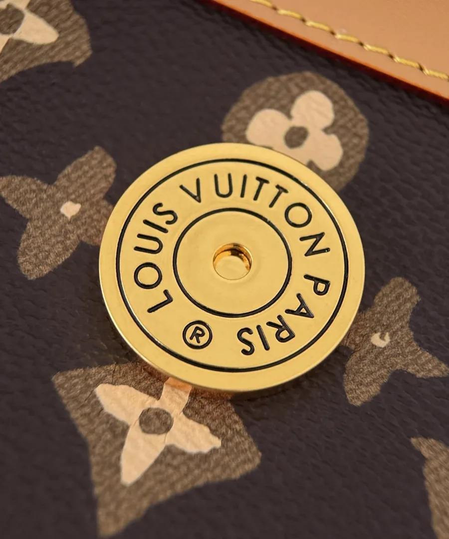 Деталь золотистой кнопки на разноцветной канве сумки Louis Vuitton