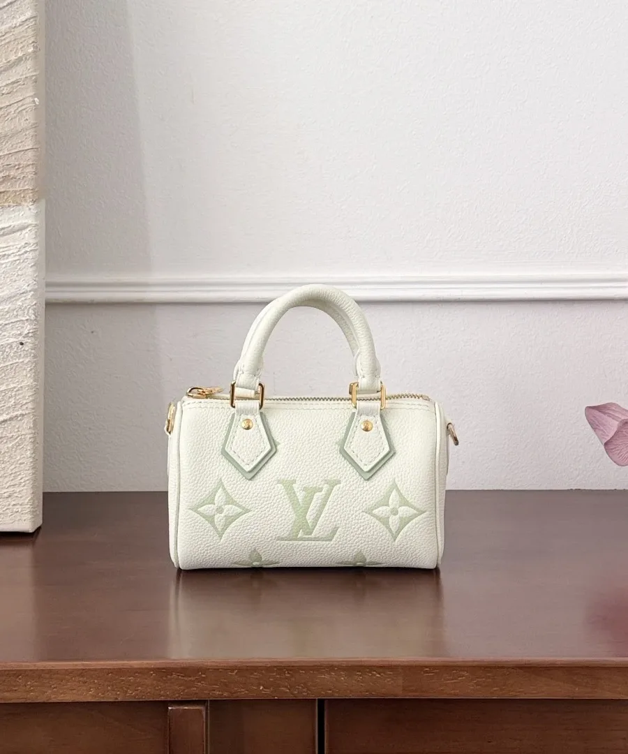 Бело-зеленая сумка Louis Vuitton Speedy Nano на деревянном столе, вид спереди