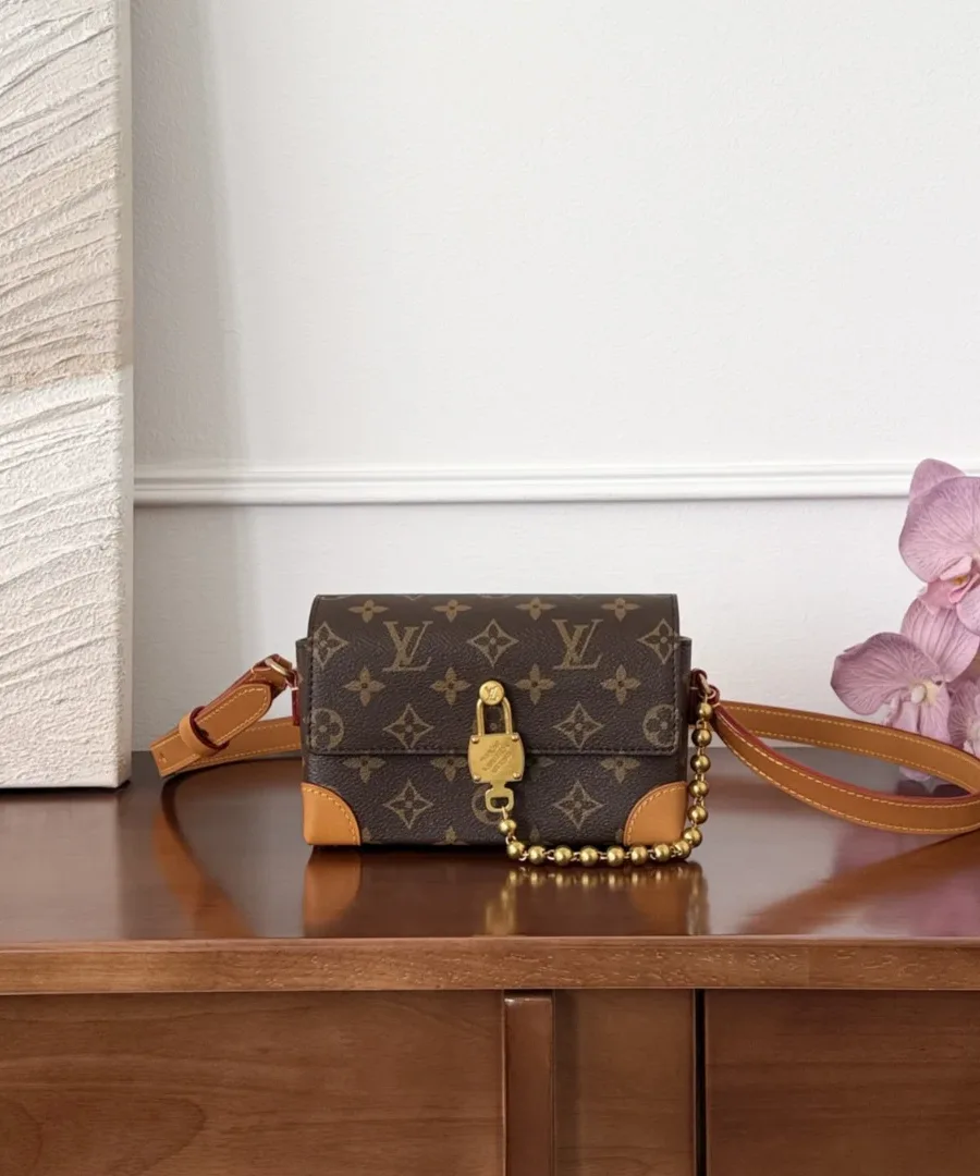 Коричневая сумка Louis Vuitton Monogram с золотистым замком и ремнем, вид спереди