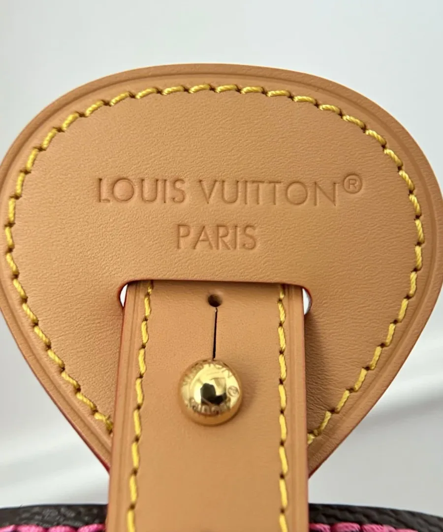 Крупный план кожаного крепления ручки с тиснением Louis Vuitton Paris