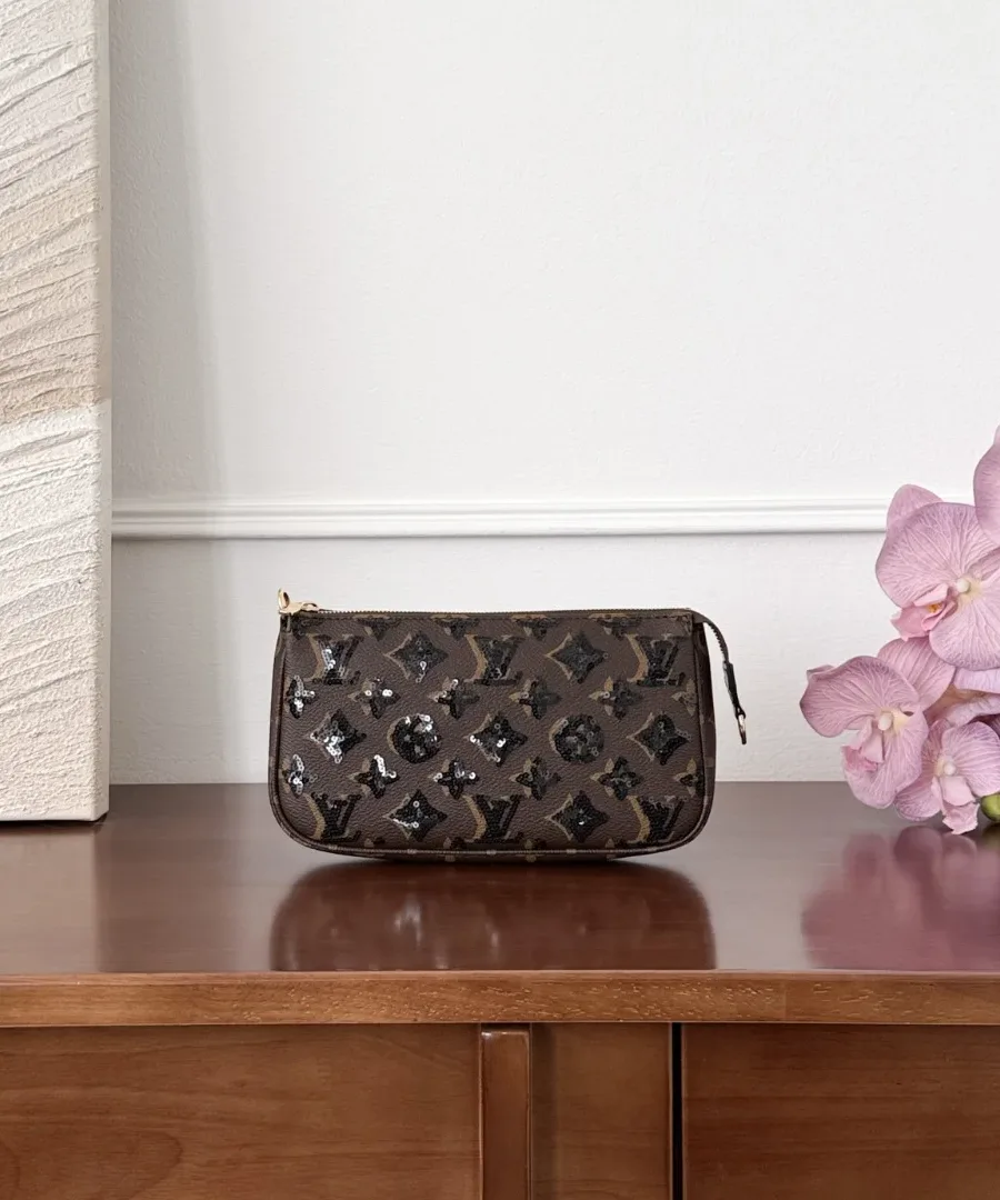 Коричневая сумка Louis Vuitton Pochette Accessoires с пайетками, вид спереди