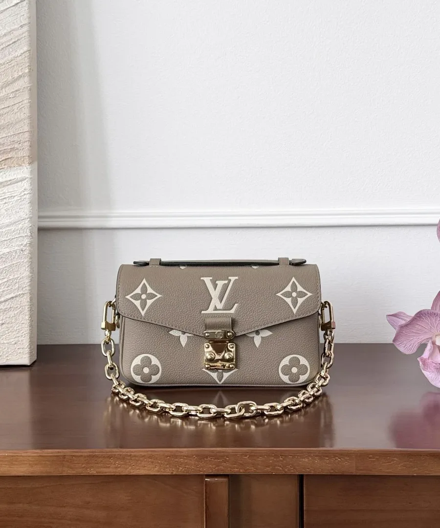 Серо-бежевая сумка Louis Vuitton Pochette Métis East West с золотистой цепочкой, вид спереди