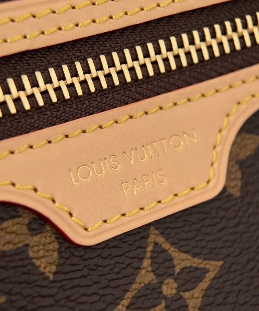 Крупный план кожаной нашивки с тиснением Louis Vuitton Paris на передней части сумки