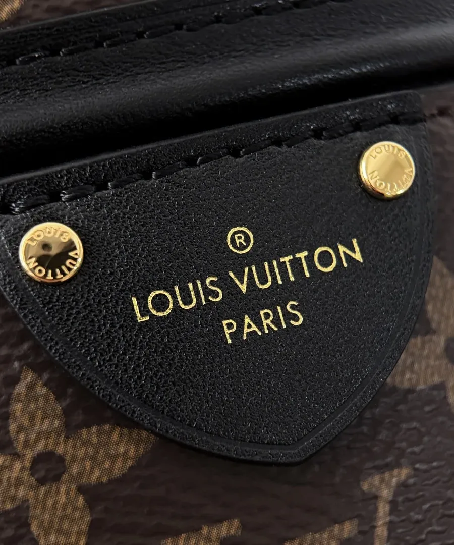 Крупный план кожаной нашивки с золотистым тиснением Louis Vuitton Paris