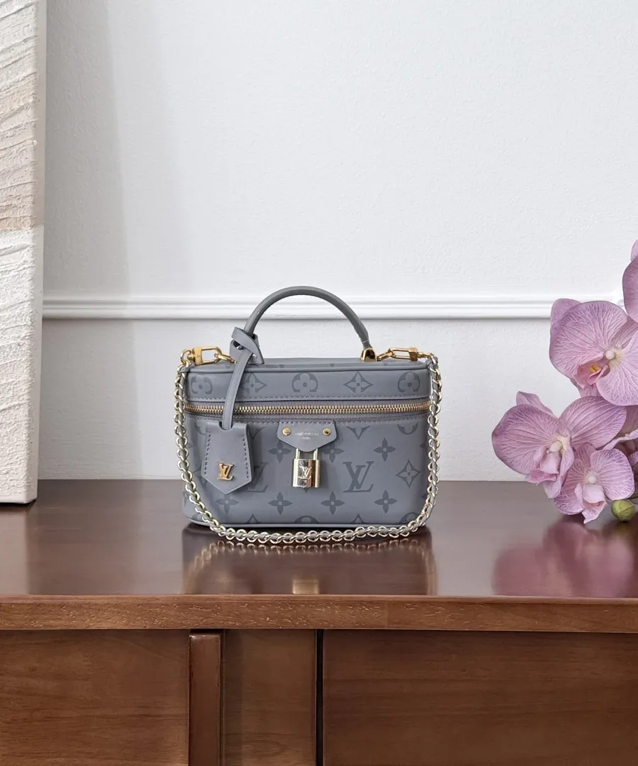 Серая сумка-косметичка Louis Vuitton Vanity с золотистой цепочкой, вид спереди