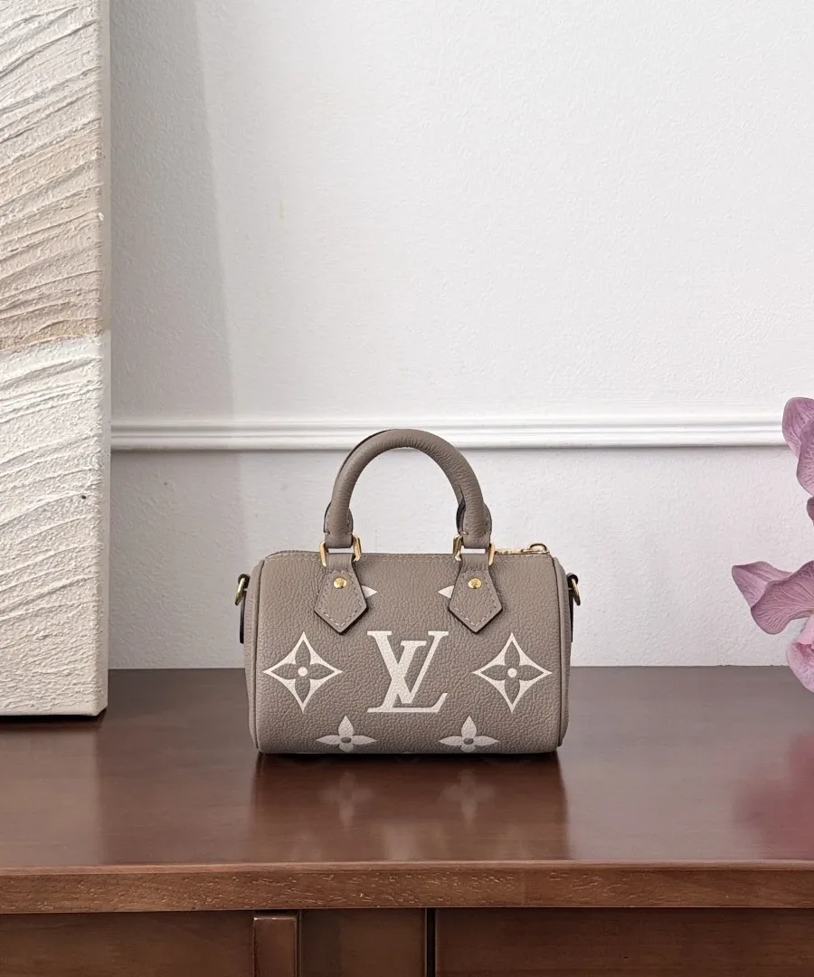 Серо-бежевая мини-сумка Louis Vuitton Nano Speedy на деревянном столе, вид спереди.