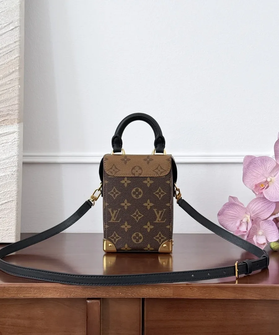 Коричневая сумка Louis Vuitton Camera Box с черным кожаным ремнем, вид спереди