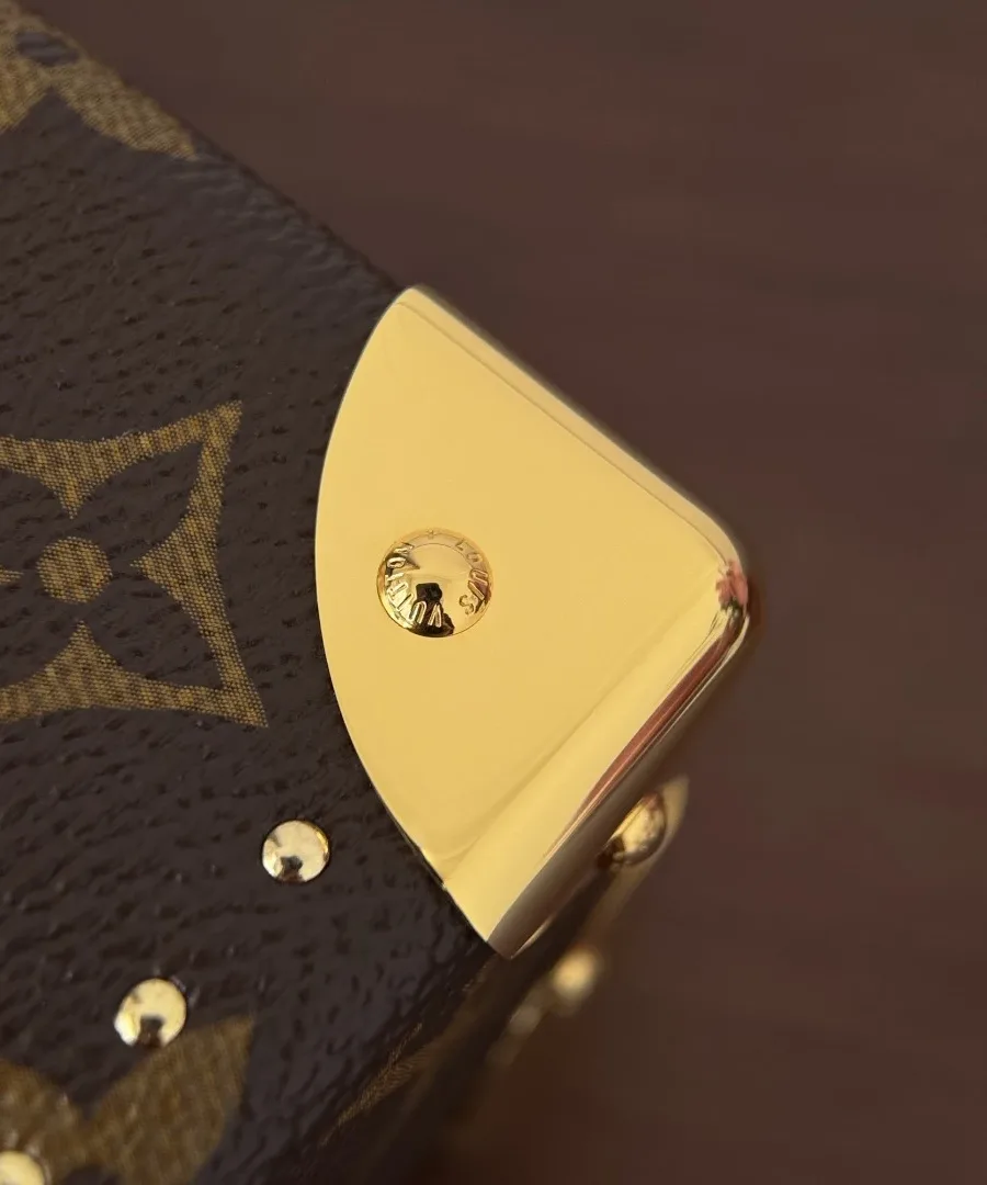 Крупный план металлического уголка золотого цвета на сумке Louis Vuitton Camera Box