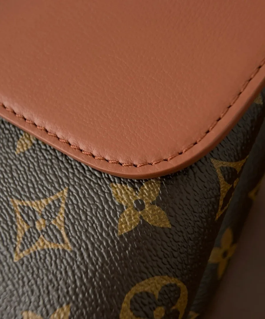 Деталь шва на стыке коричневой кожи и канвы Monogram