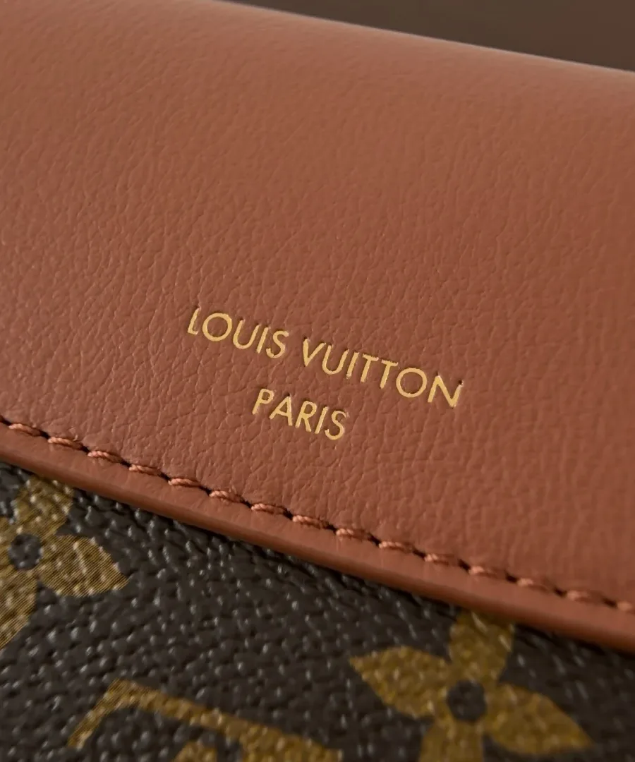 Золотистый логотип Louis Vuitton Paris на коричневой коже