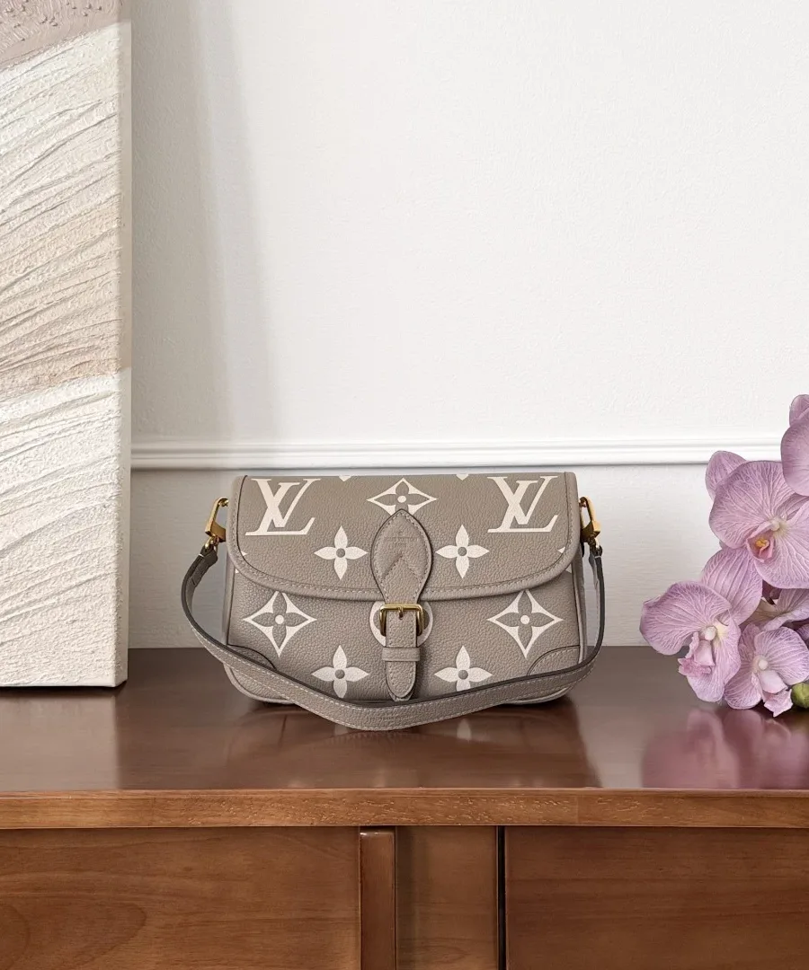 Серая сумка-багет Louis Vuitton Diane на деревянной поверхности, вид спереди