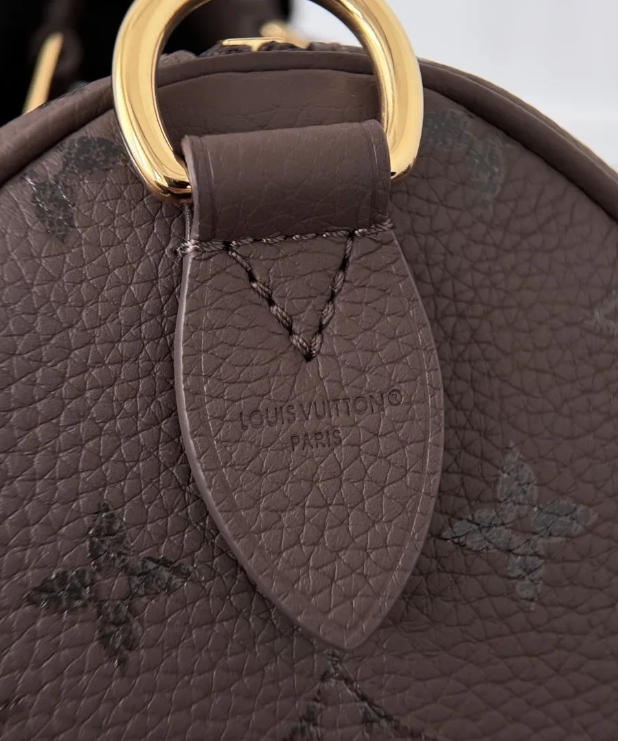 Крупный план кожаного крепления с тиснением Louis Vuitton Paris