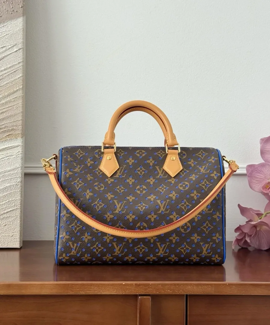 Задняя сторона сумки Speedy 30 из канвы Monogram с синими перфорированными точками