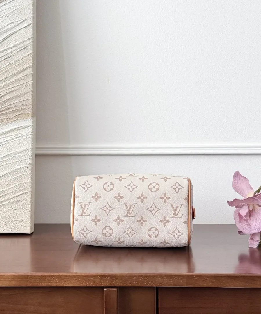 Вид снизу на бежево-белую сумку Louis Vuitton Speedy 20