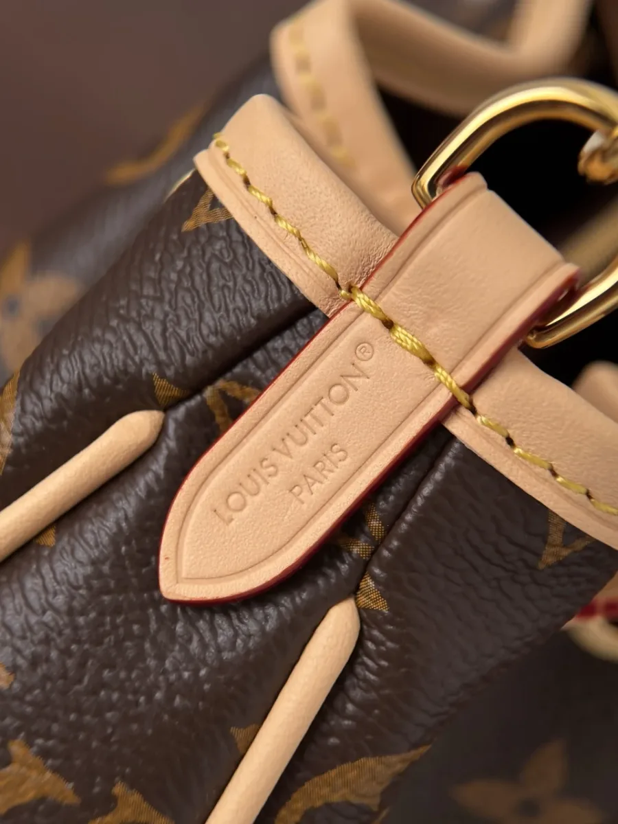 Крупный план кожаной детали с тиснением Louis Vuitton Paris